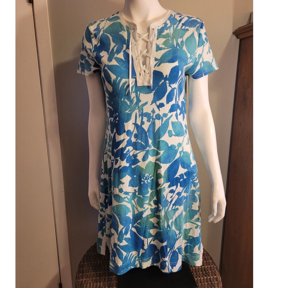 Chaps Blue Ombre Floral Dress L Cotton Preppy Beachy Aline Momcore Quietlux